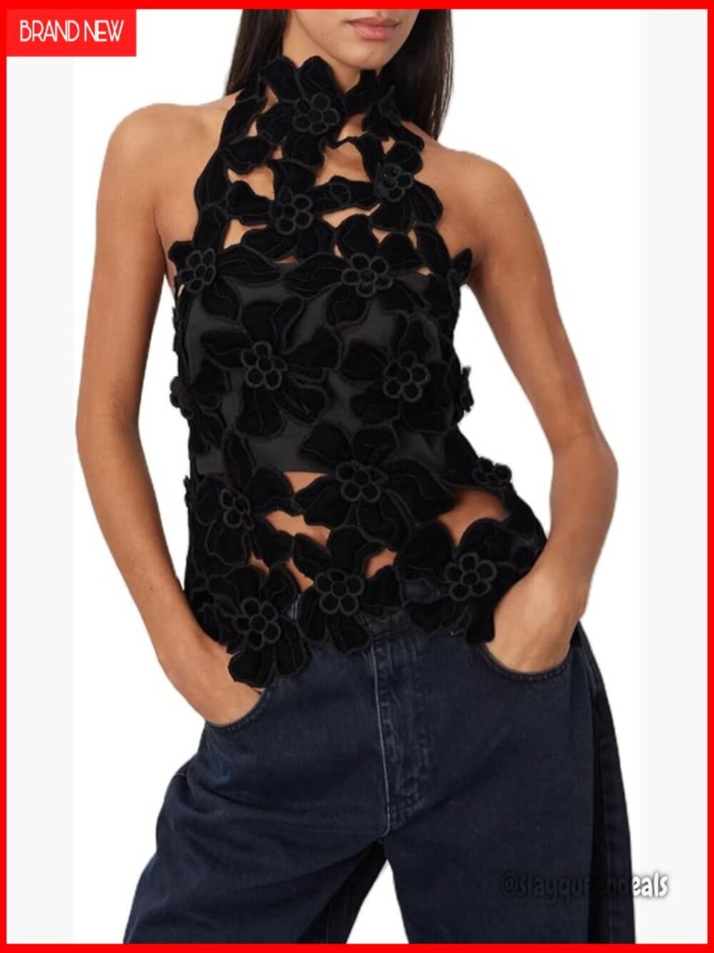 Mock Neck Hollow Out Floral Halter Top Backless Crop Tank Polyester